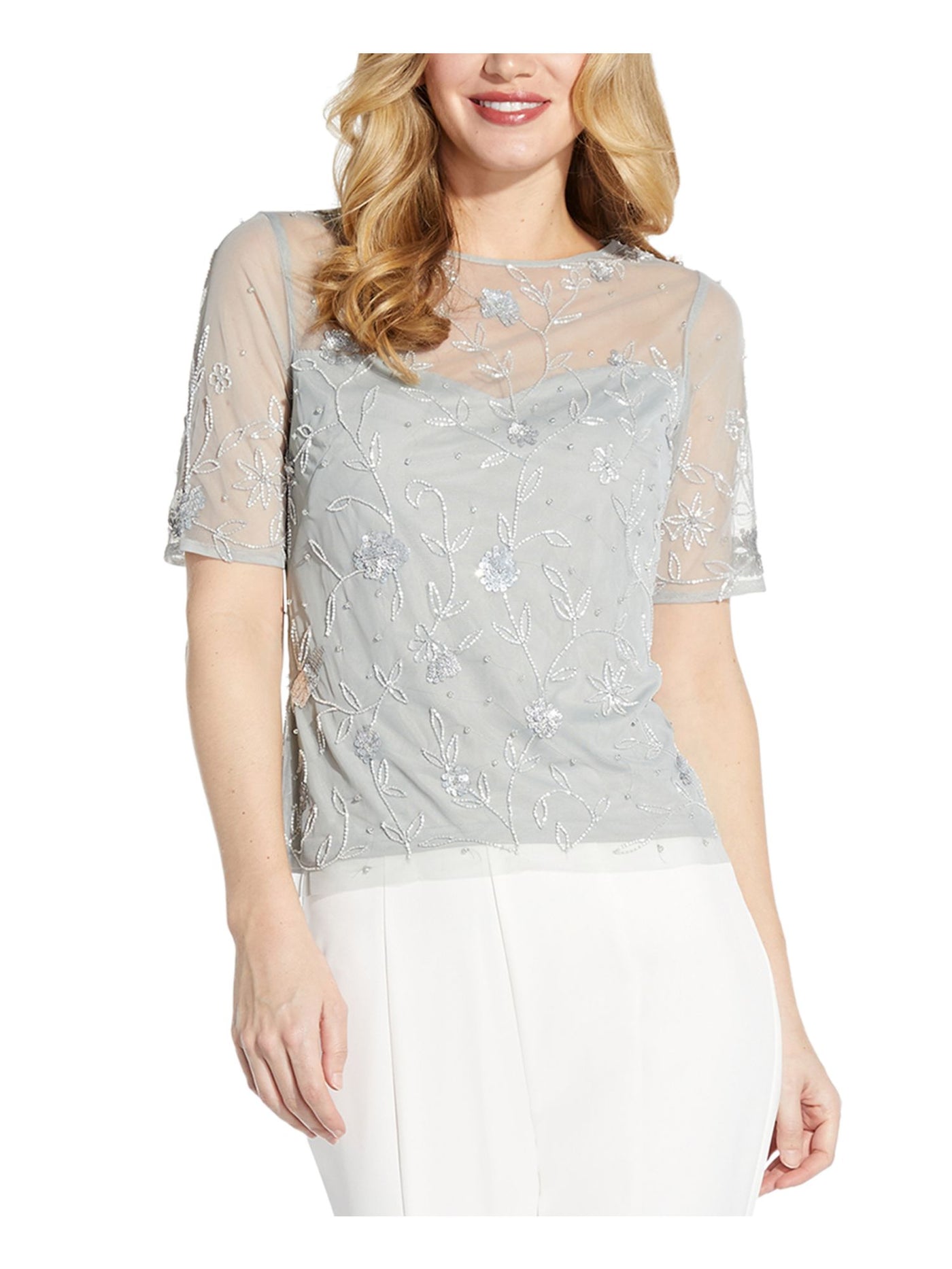 ADRIANNA PAPELL Womens Zippered Beaded And Sequined Lined Short Sleeve Boat Neck Party Top