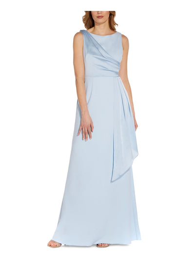 ADRIANNA PAPELL Womens Light Blue Stretch Zippered Pleated Satin Draped V-back Sleeveless Boat Neck Full-Length Formal Gown Dress 6