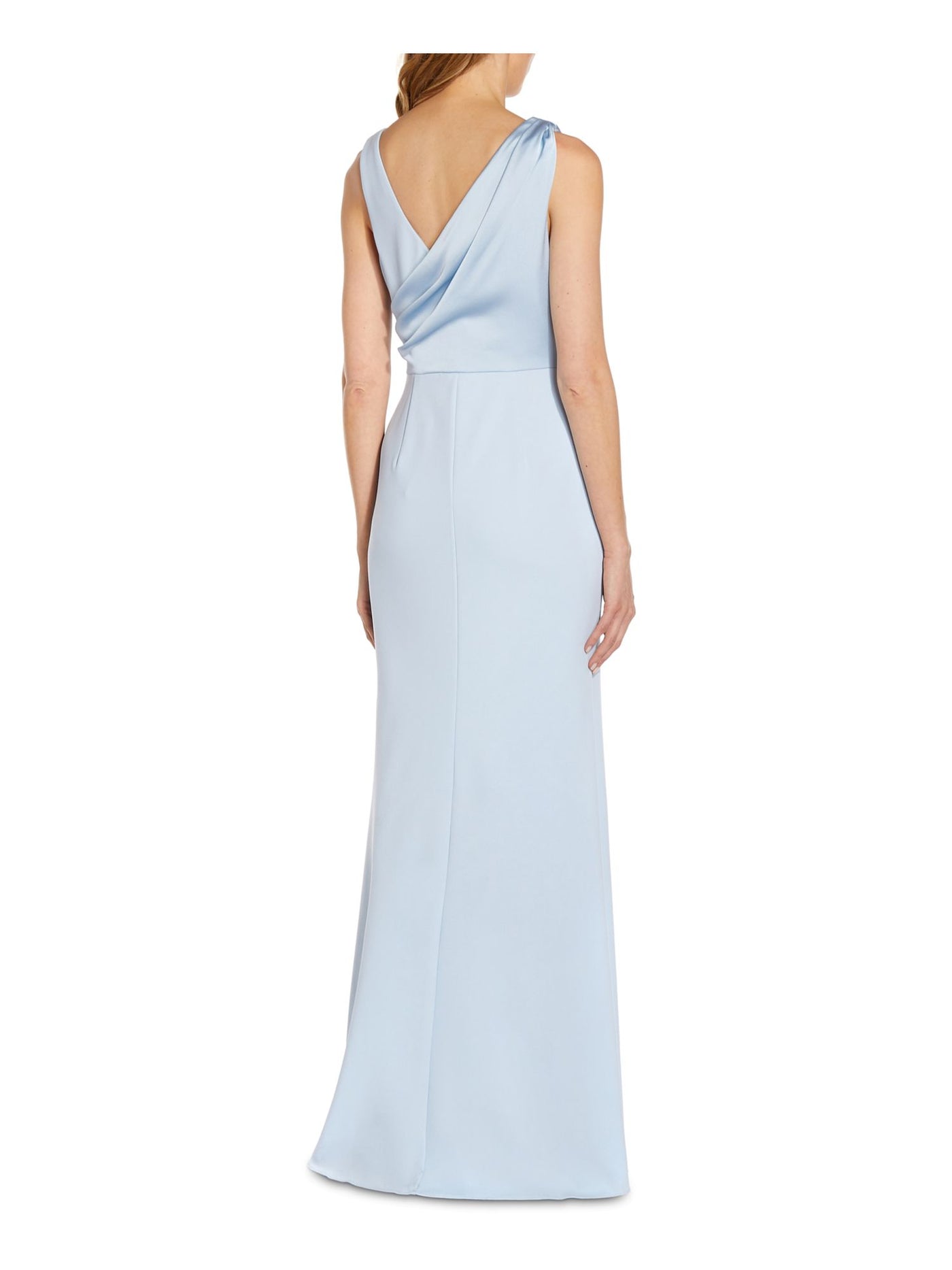 ADRIANNA PAPELL Womens Light Blue Stretch Zippered Pleated Satin Draped V-back Sleeveless Boat Neck Full-Length Formal Gown Dress 6