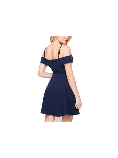 TEEZE ME Womens Navy Stretch Zippered Cold Shoulder Short Sleeve Square Neck Mini Cocktail Fit + Flare Dress 7\8