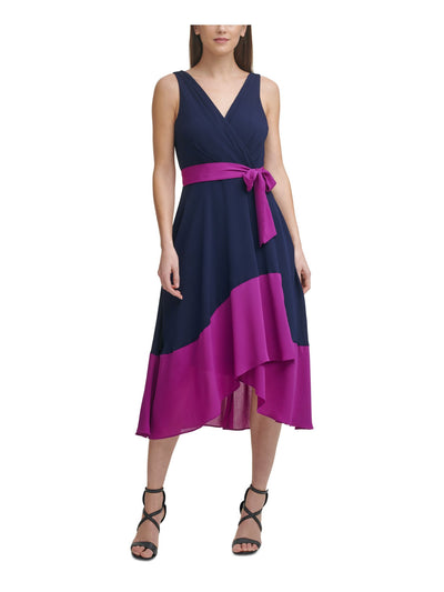 DKNY Womens Navy Zippered Tie Color Block Sleeveless Surplice Neckline Midi Party Faux Wrap Dress 2