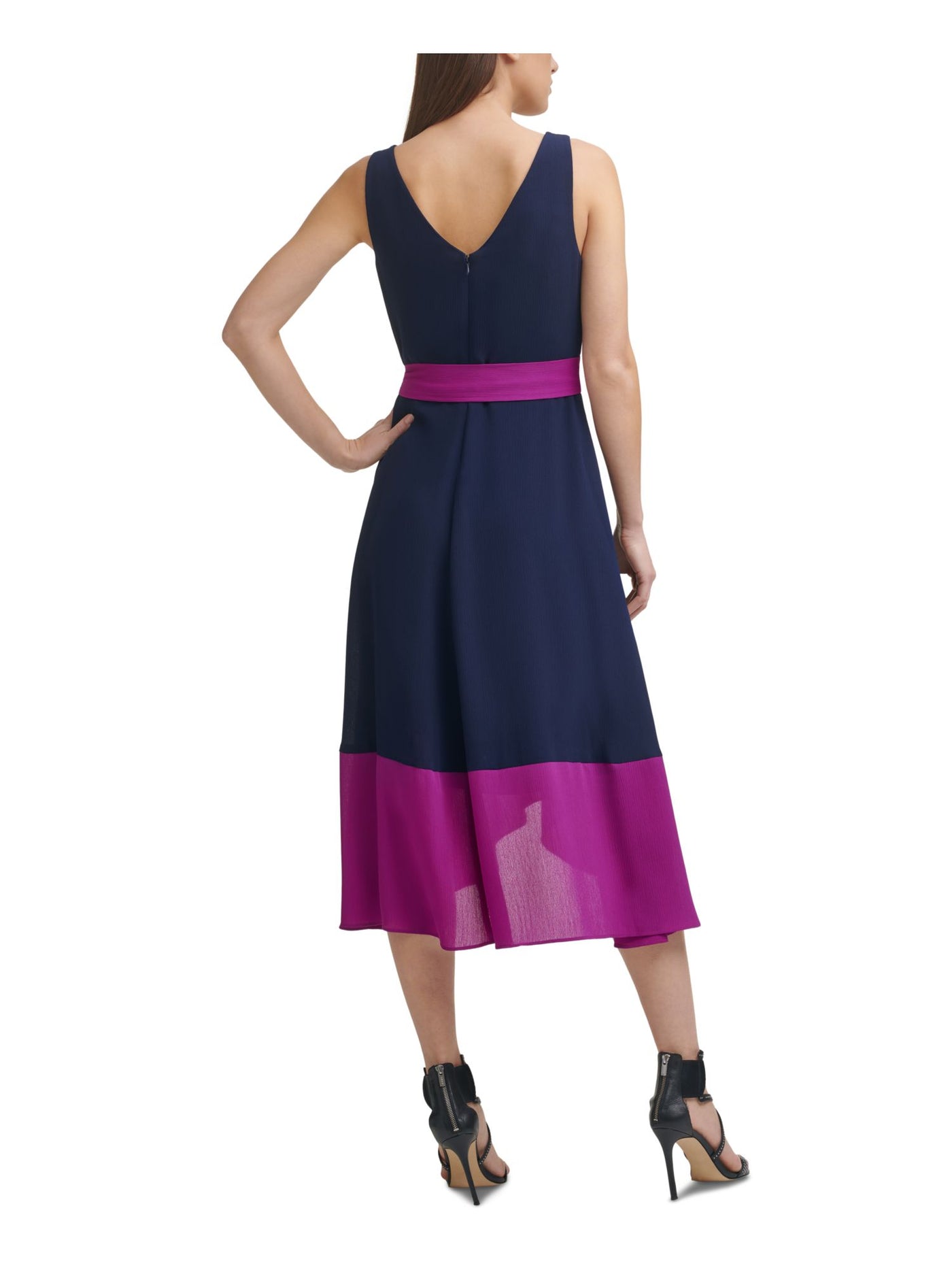 DKNY Womens Zippered Self-tie Belt Sleeveless Surplice Neckline Midi Party Faux Wrap Dress