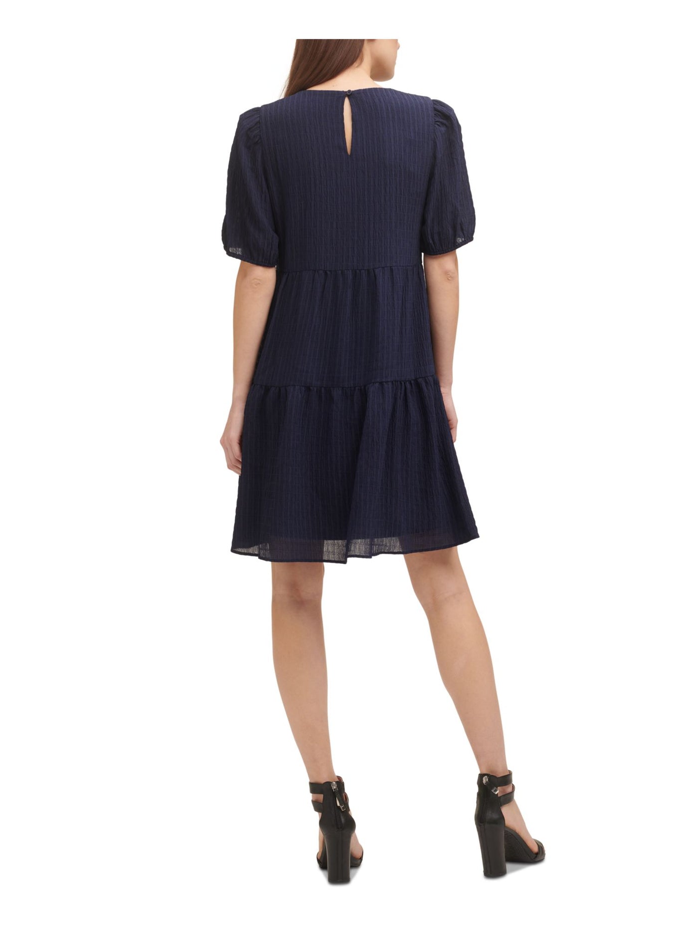 DKNY Womens Stretch Textured Sheer Tiered Lined Keyhole Elbow Sleeve Crew Neck Above The Knee Party Shift Dress