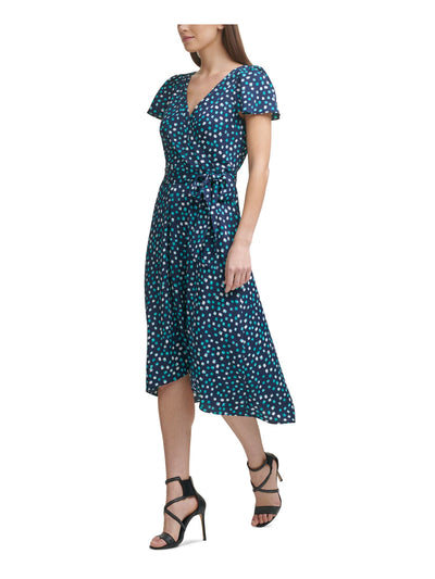 DKNY Womens Navy Zippered Tie Printed Flutter Sleeve Surplice Neckline Midi Wear To Work Faux Wrap Dress 8