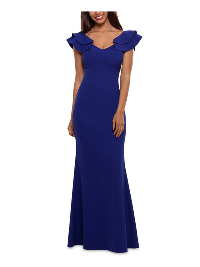 BETSY & ADAM Womens Blue Zippered Fitted Lined Ruffled Strap V Neck Full-Length Formal Gown Dress 4