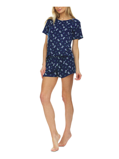 FLORA Womens By Flora Niktooz Navy Floral Ribbed Short Sleeve T-Shirt Top and Shorts Knit Pajamas XL