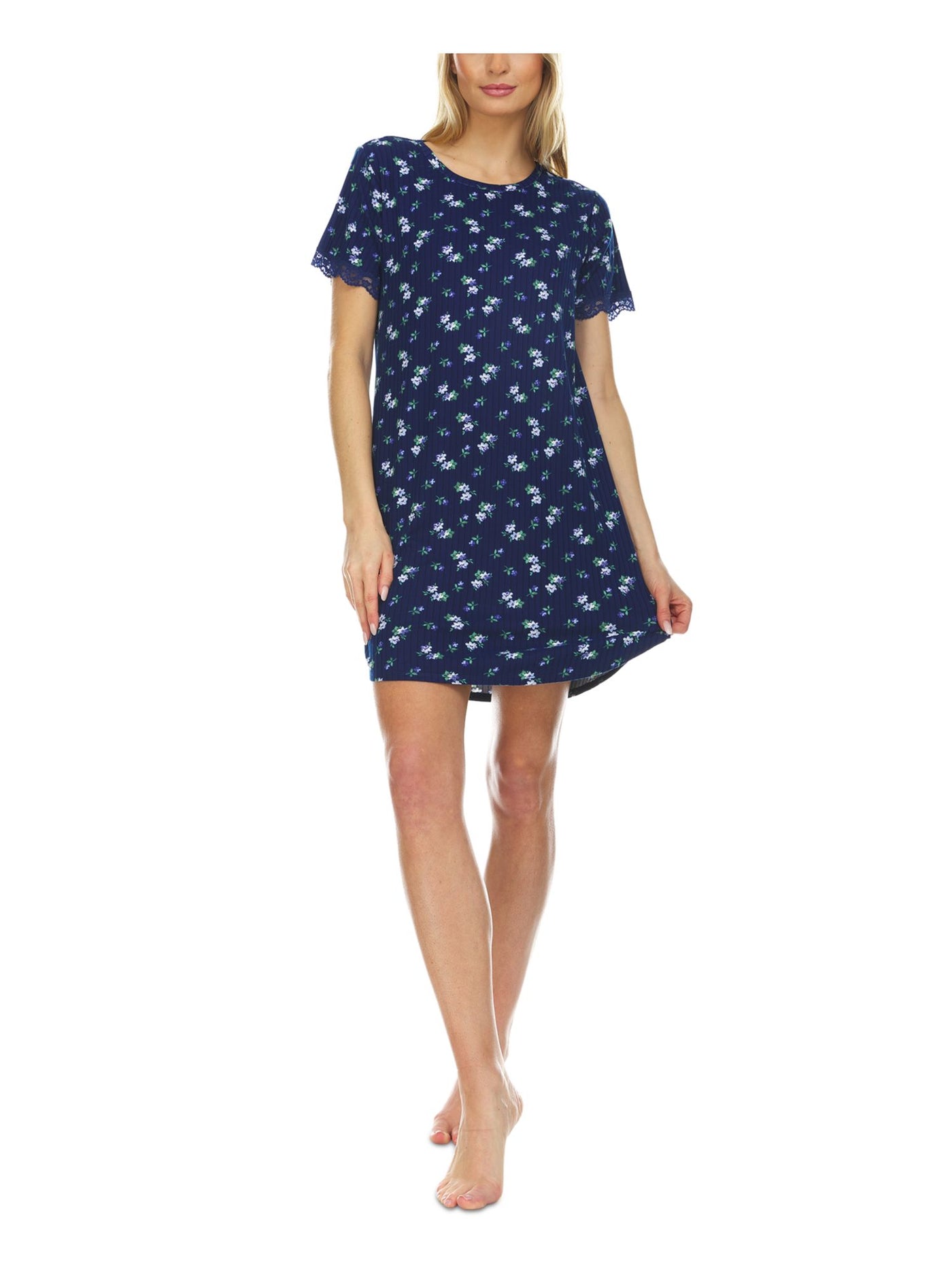 FLORA Intimates Navy Lace Trim Floral Nightgown Juniors S