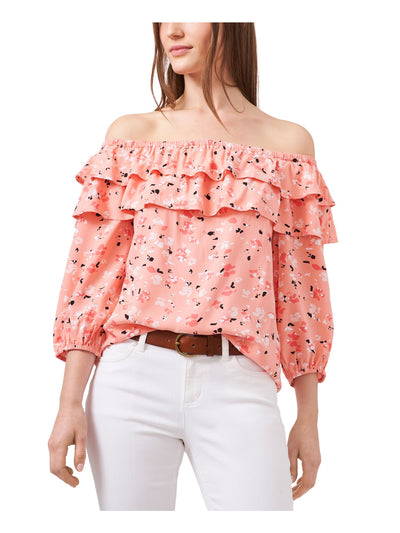 RILEY&RAE Womens Coral Stretch Ruffled 3/4 Balloon Sleeves Tiered Printed Off Shoulder Top XS