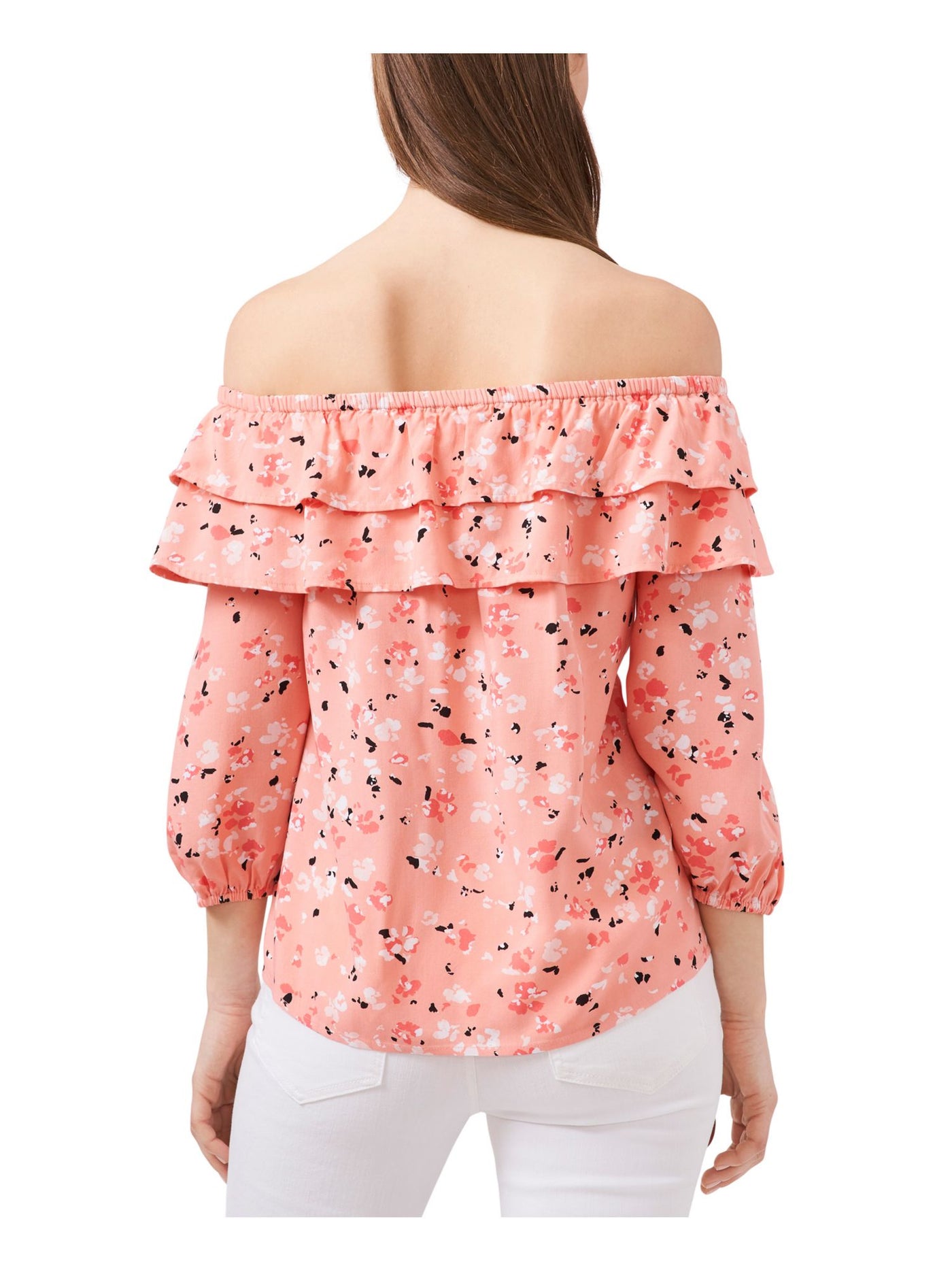 RILEY&RAE Womens Coral Stretch Ruffled 3/4 Balloon Sleeves Tiered Printed Off Shoulder Top XS