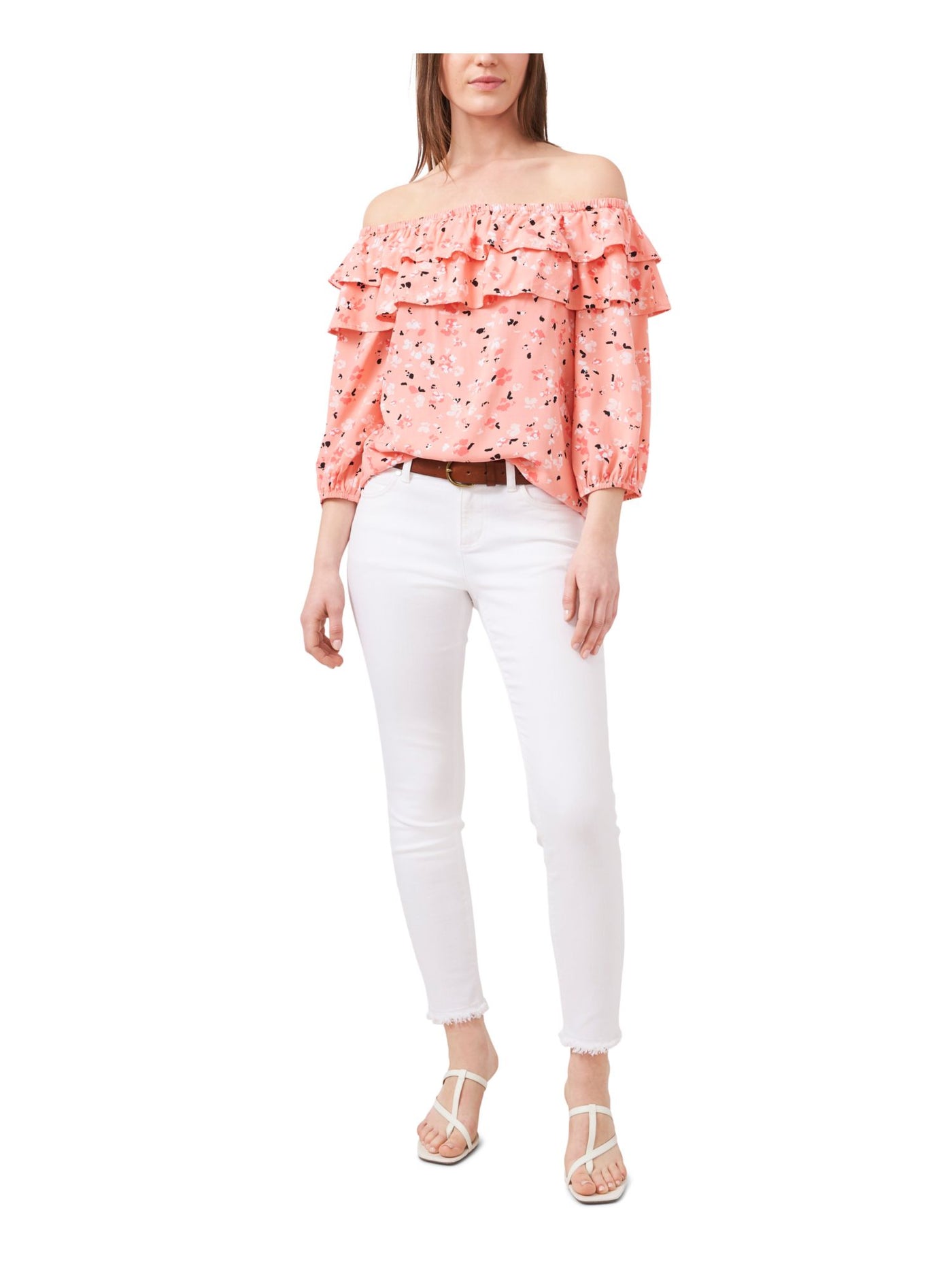 RILEY&RAE Womens Coral Stretch Ruffled 3/4 Balloon Sleeves Tiered Printed Off Shoulder Top S