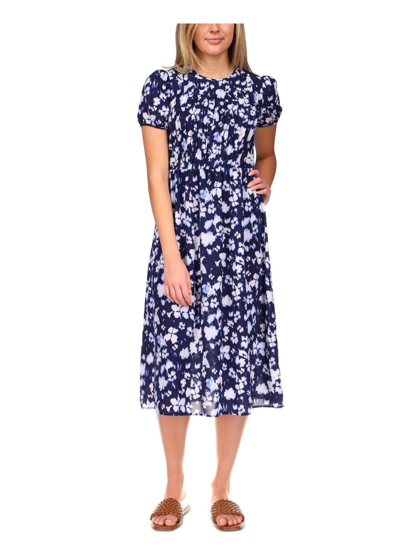 MICHAEL MICHAEL KORS Womens Navy Unlined Zippered Pintuck Bodice Printed Short Sleeve Crew Neck Midi Fit + Flare Dress XXS