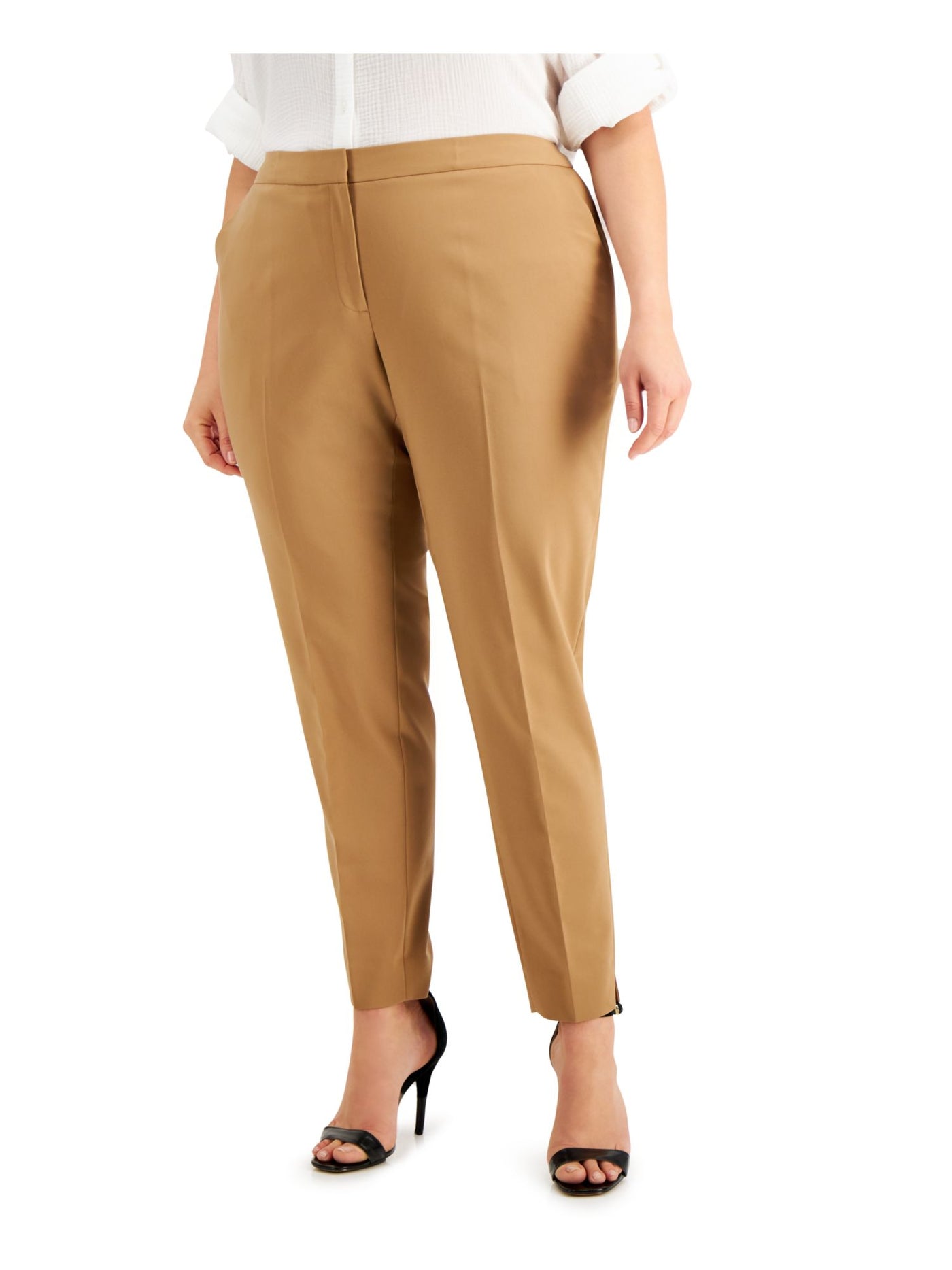 CALVIN KLEIN Womens Beige Zippered Pocketed Mid Rise Wear To Work Cropped Pants Plus 22W