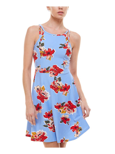 PLANET GOLD Womens Light Blue Stretch Floral Sleeveless Scoop Neck Above The Knee Party Fit + Flare Dress S
