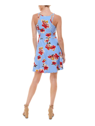 PLANET GOLD Womens Light Blue Stretch Floral Sleeveless Scoop Neck Above The Knee Party Fit + Flare Dress S