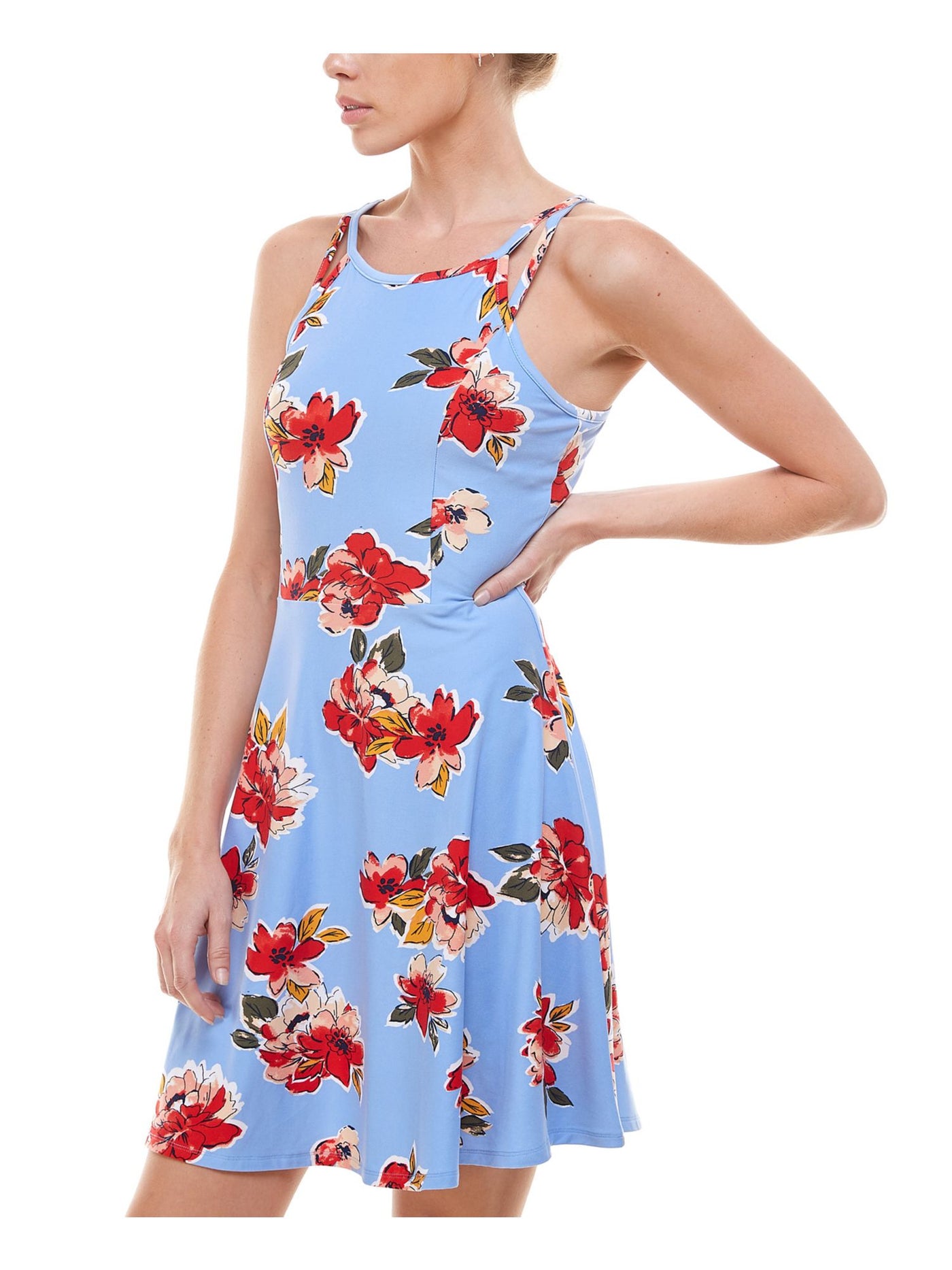 PLANET GOLD Womens Light Blue Stretch Floral Sleeveless Scoop Neck Above The Knee Party Fit + Flare Dress S