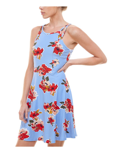 PLANET GOLD Womens Light Blue Stretch Floral Sleeveless Scoop Neck Above The Knee Party Fit + Flare Dress S