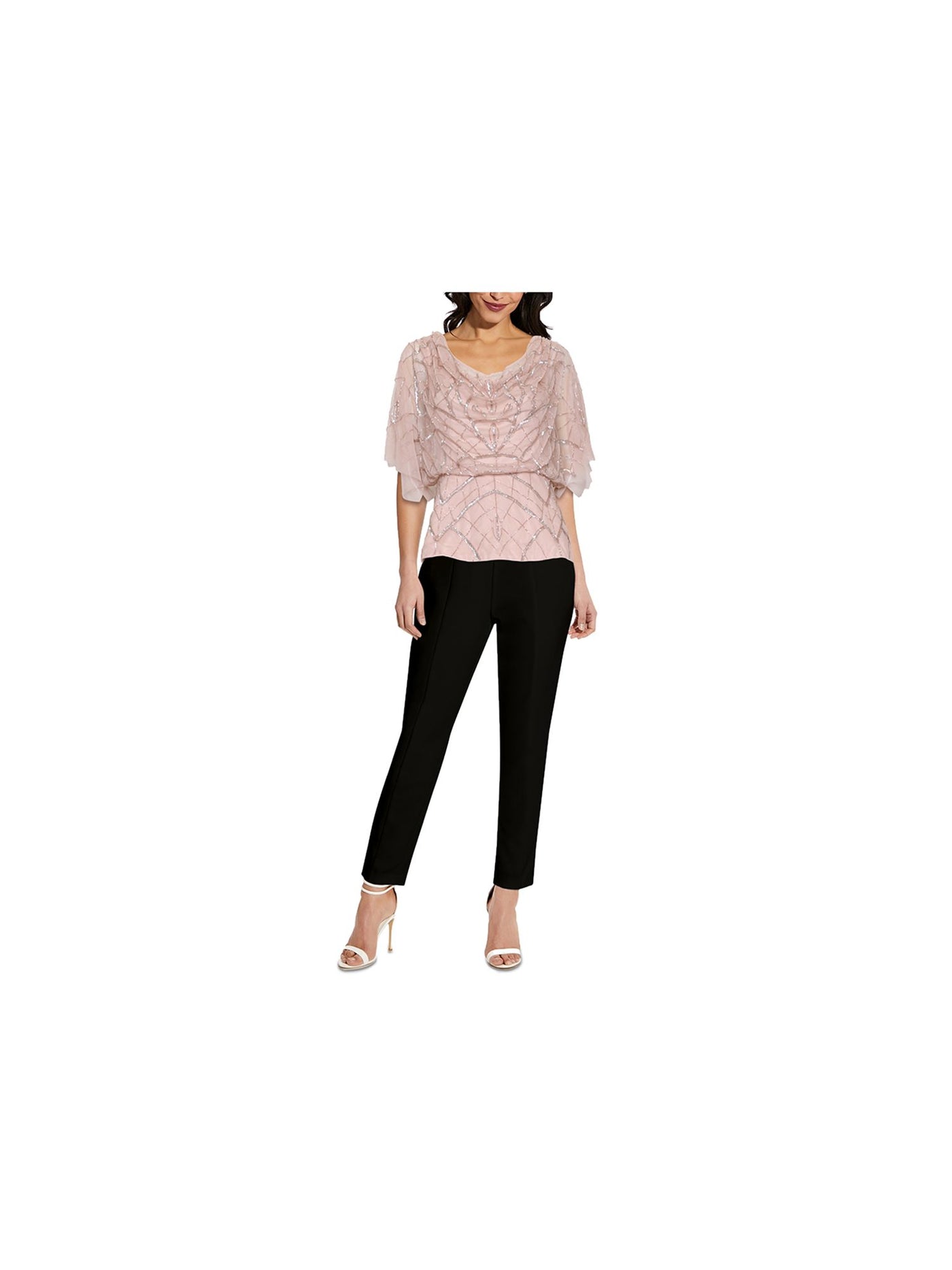 ADRIANNA PAPELL Womens Pink Zippered Beaded Sequin Embellished Flutter Sleeve Cowl Neck Party Top Plus 20W