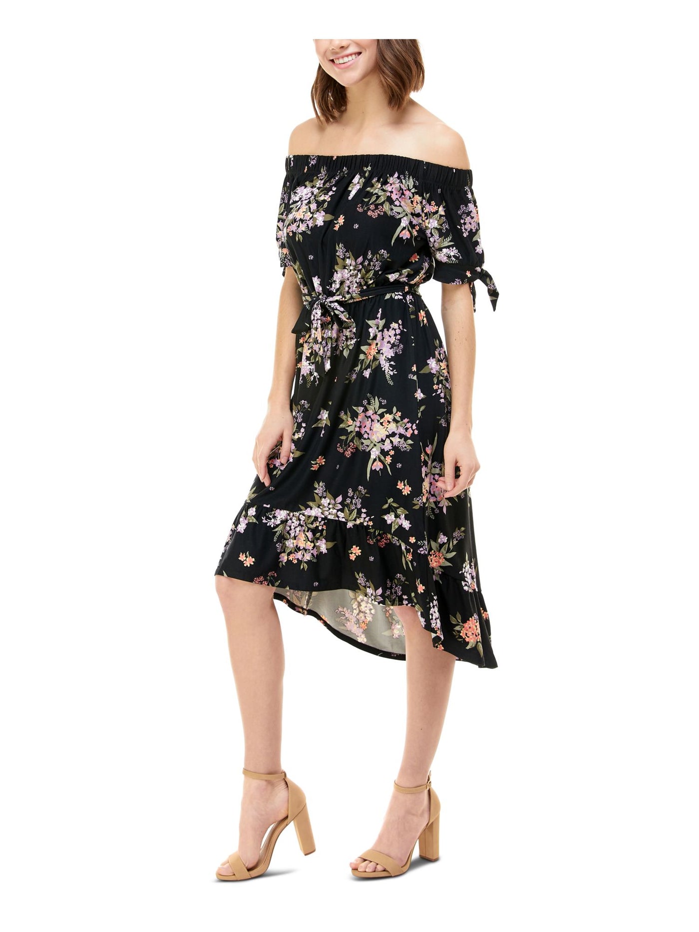 PLANET GOLD Womens Black Stretch Tie Ruffled Floral Short Sleeve Off Shoulder Below The Knee Evening Hi-Lo Dress S