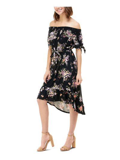 PLANET GOLD Womens Black Stretch Tie Ruffled Floral Short Sleeve Off Shoulder Below The Knee Evening Hi-Lo Dress S