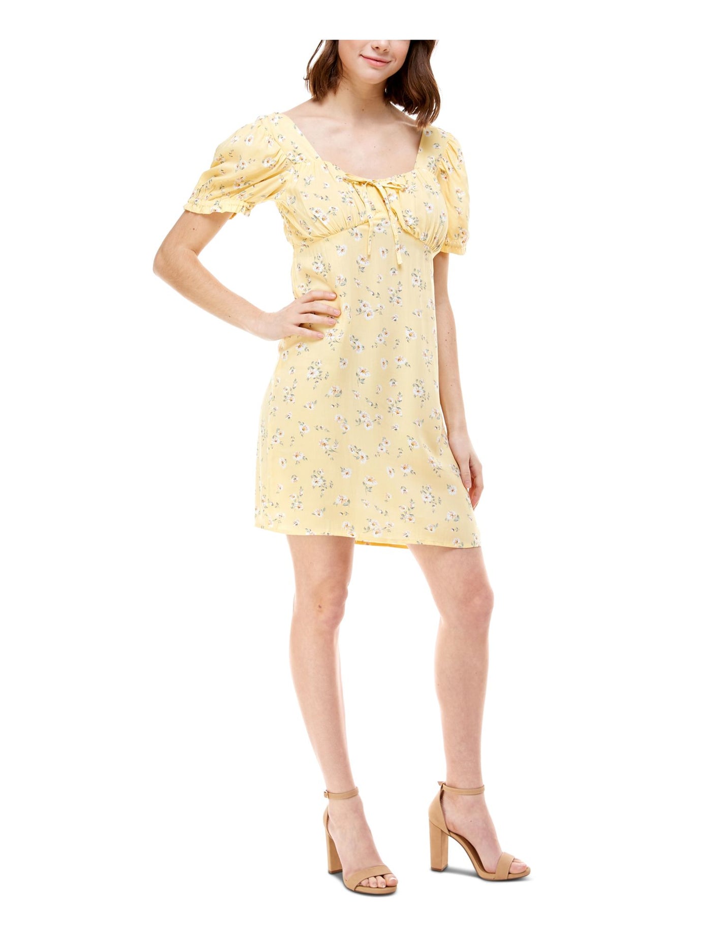 PLANET GOLD Womens Yellow Stretch Pleated Bow Detail Floral Pouf Sleeve Sweetheart Neckline Short Fit + Flare Dress M