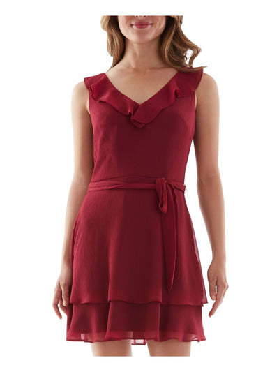 BCX DRESS Womens Maroon Ruffled Tie Sleeveless V Neck Short Evening Fit + Flare Dress M
