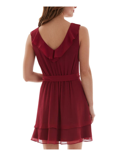 BCX DRESS Womens Maroon Ruffled Tie Sleeveless V Neck Short Evening Fit + Flare Dress M
