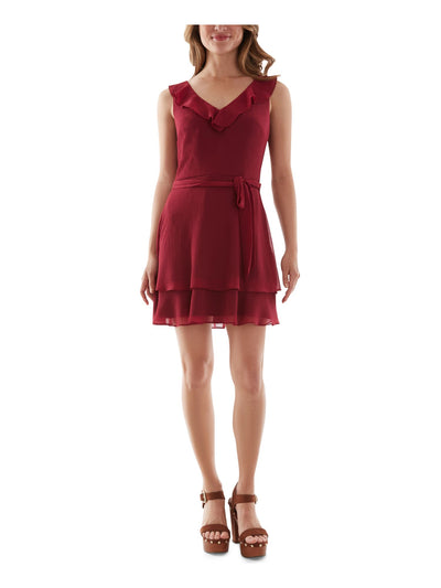 BCX DRESS Womens Maroon Ruffled Tie Sleeveless V Neck Short Evening Fit + Flare Dress M