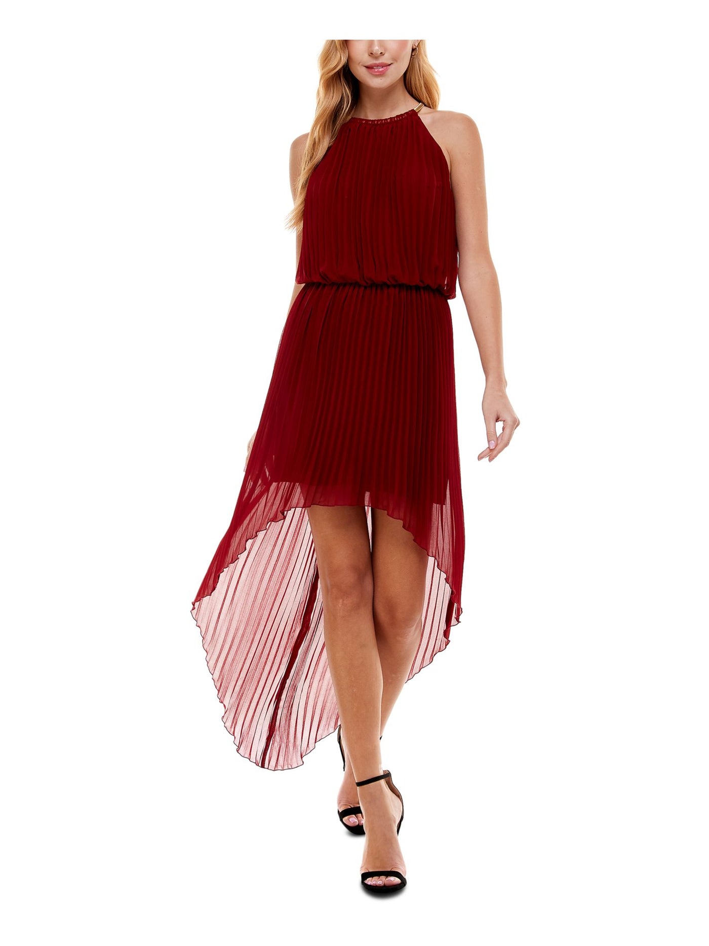 CITY STUDIO Womens Burgundy Pleated Necklace Trim High-low Hemline Sleeveless Halter Maxi Party Blouson Dress XXS