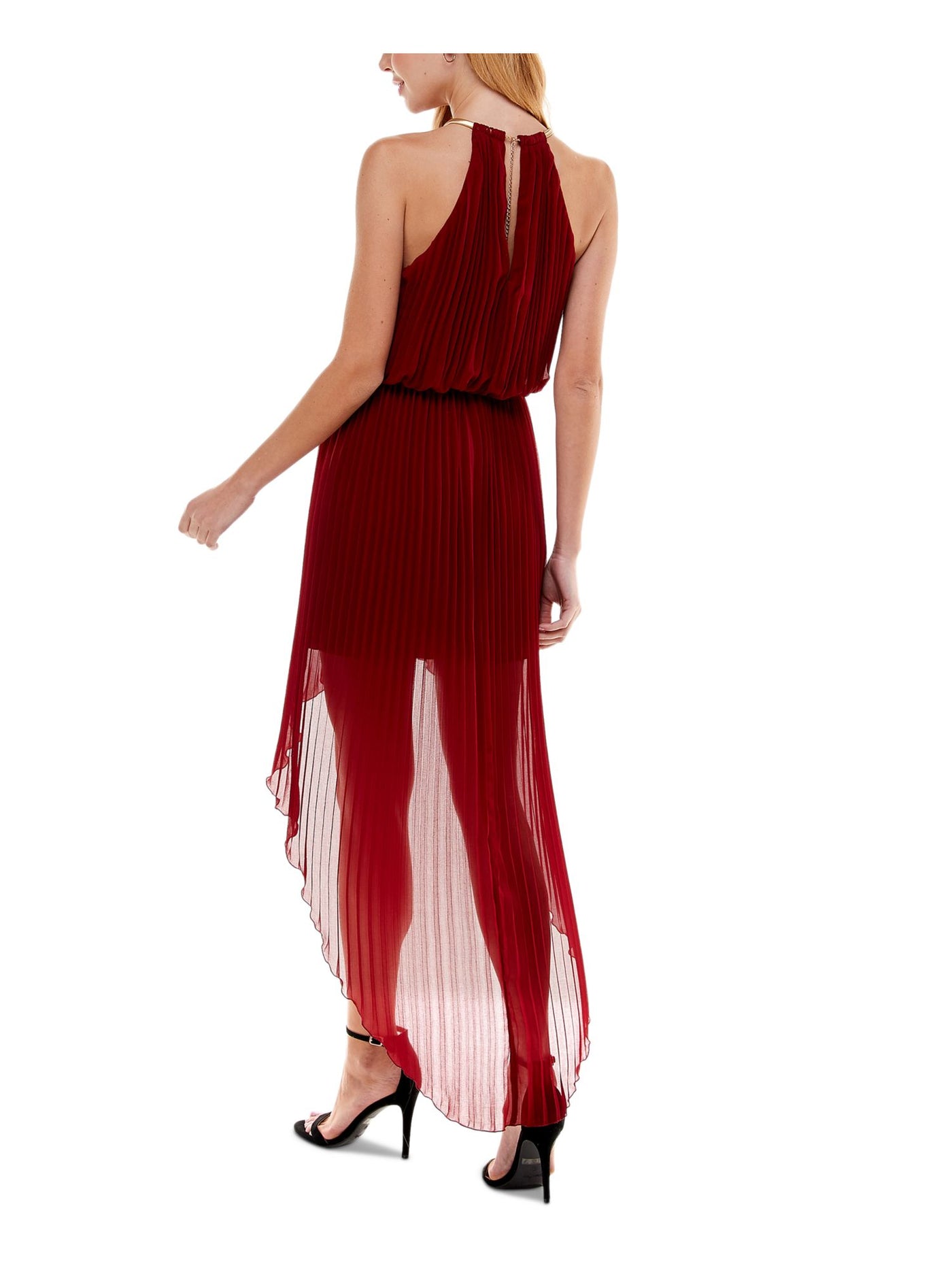 CITY STUDIO Womens Burgundy Pleated Necklace Trim High-low Hemline Sleeveless Halter Maxi Party Blouson Dress M