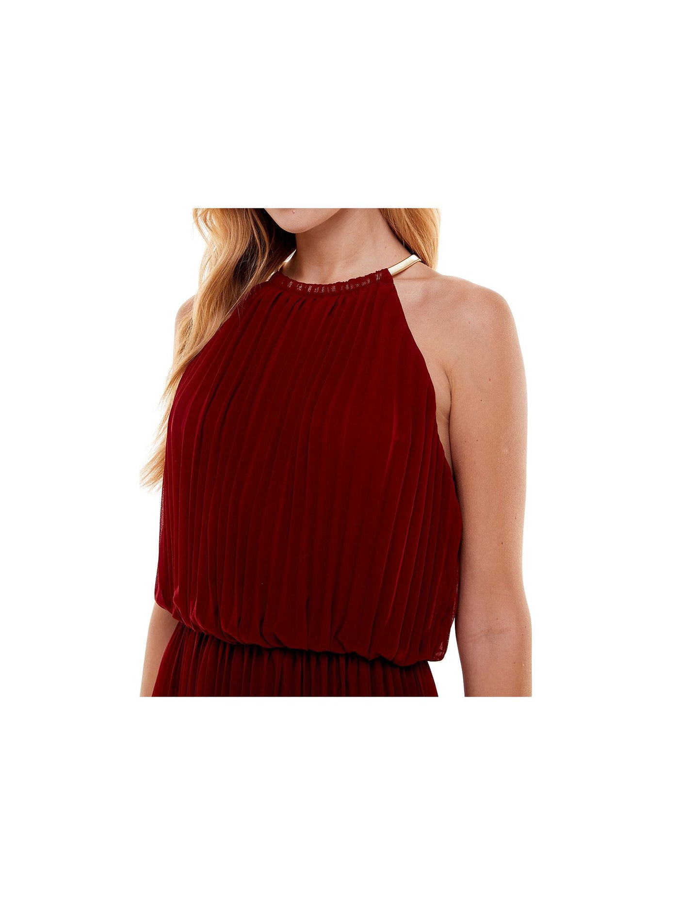 CITY STUDIO Womens Burgundy Pleated Necklace Trim High-low Hemline Sleeveless Halter Maxi Party Blouson Dress M