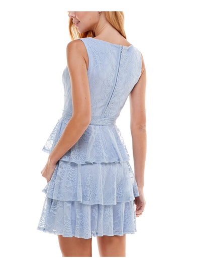 CITY STUDIO Womens Light Blue Stretch Zippered Ruffled Tiered Lace Tie-waist Sleeveless V Neck Mini Party Fit + Flare Dress 3