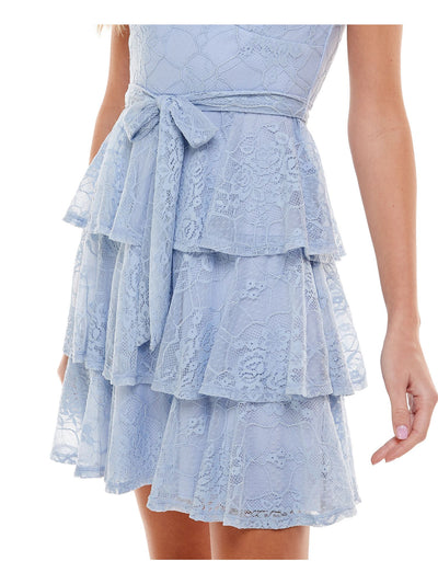 CITY STUDIO Womens Light Blue Stretch Zippered Ruffled Tiered Lace Tie-waist Sleeveless V Neck Mini Party Fit + Flare Dress 3