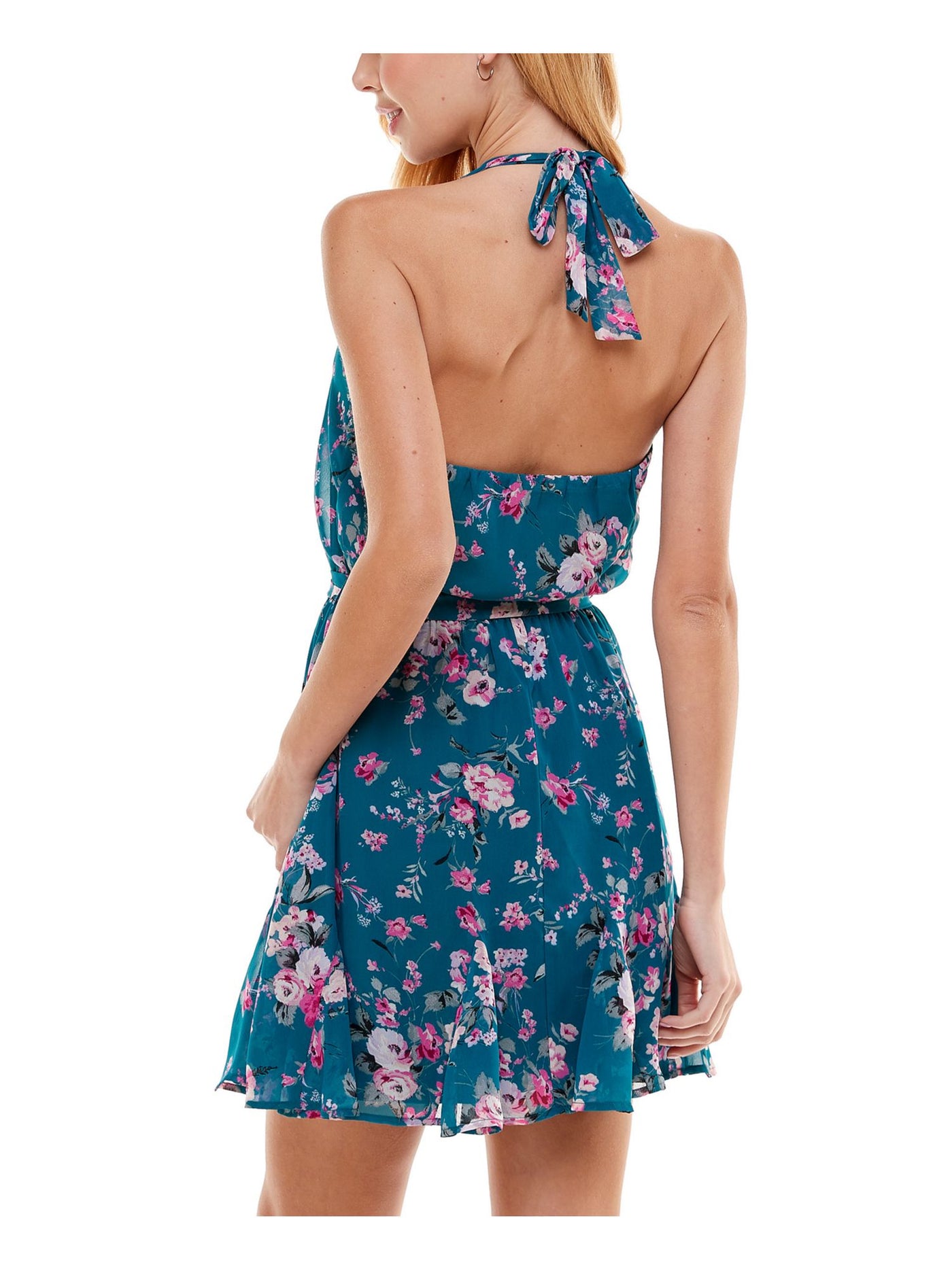 CITY STUDIO Womens Teal Tie Halter Floral Sleeveless Scoop Neck Mini Party Fit + Flare Dress S