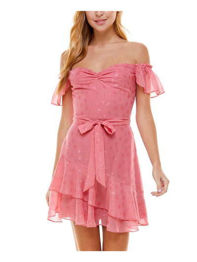 CITY STUDIO Womens Pink Zippered Ruffled Ruched Layered Tie Polka Dot Flutter Sleeve Off Shoulder Short Party Fit + Flare Dress 0