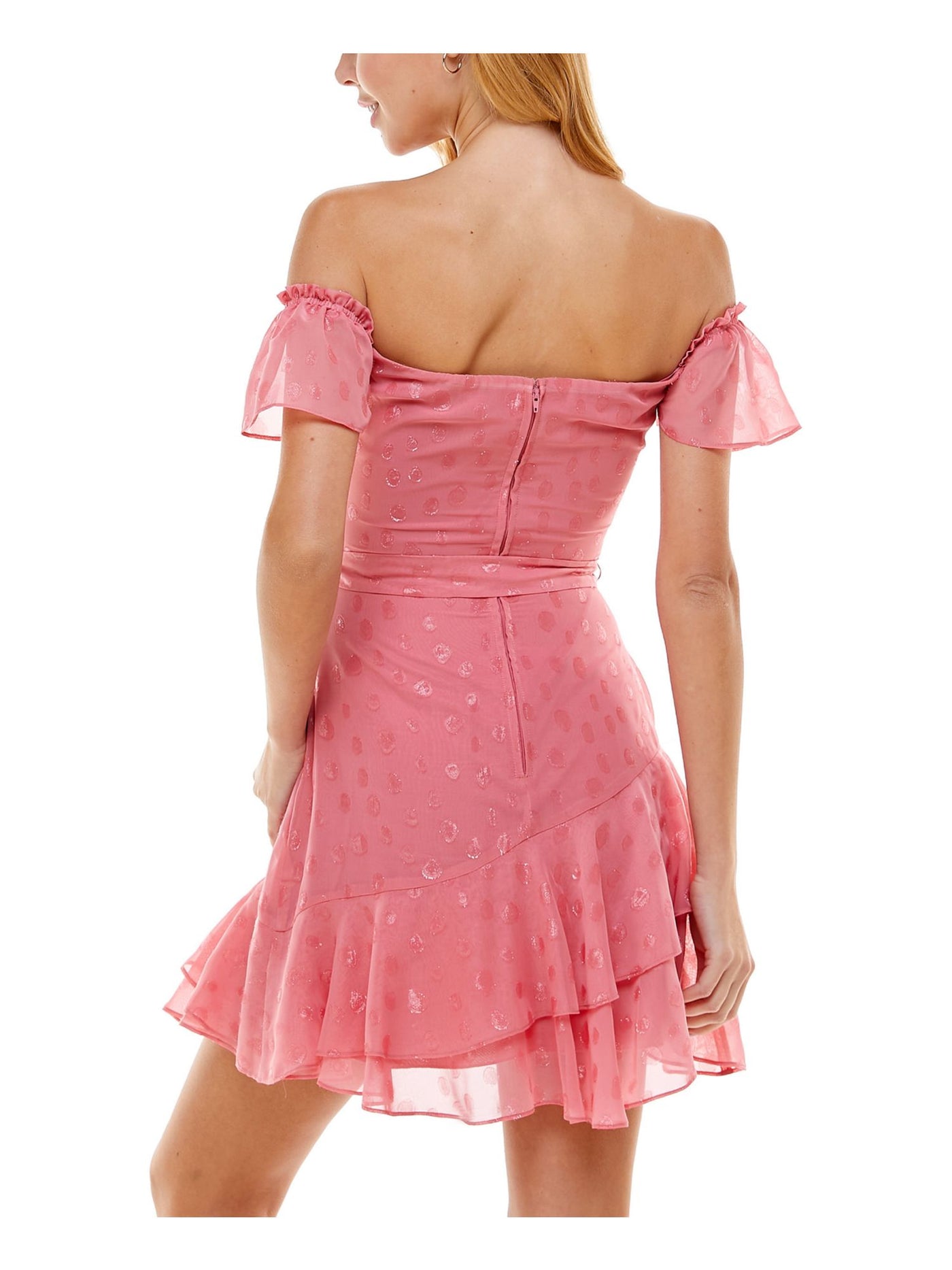 CITY STUDIO Womens Pink Zippered Ruffled Ruched Layered Tie Polka Dot Flutter Sleeve Off Shoulder Short Party Fit + Flare Dress 0