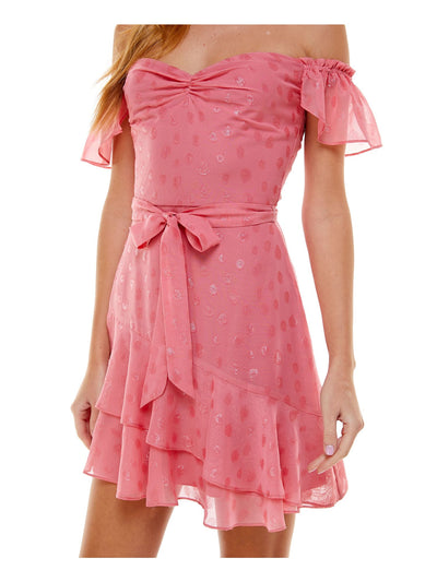 CITY STUDIO Womens Pink Zippered Ruffled Ruched Layered Tie Polka Dot Flutter Sleeve Off Shoulder Short Party Fit + Flare Dress 15