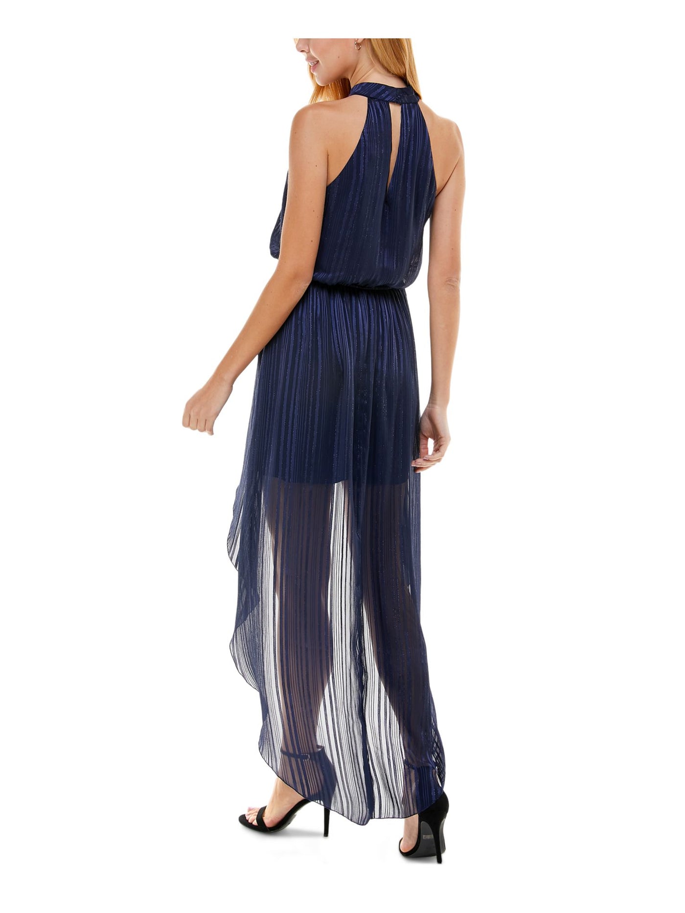 CITY STUDIO Womens Navy Sheer Metallic Hi-low Halter Keyhole-back Sleeveless Mock Neck Maxi Party Blouson Dress L