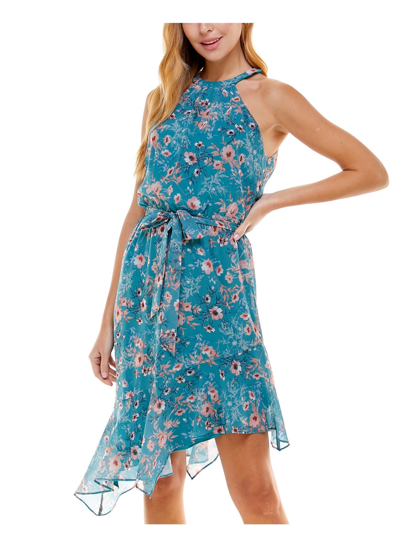 CITY STUDIO Womens Teal Tie Cut Out Floral Sleeveless Halter Knee Length Evening Hi-Lo Dress L