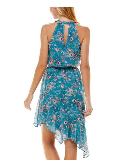 CITY STUDIO Womens Teal Tie Cut Out Floral Sleeveless Halter Knee Length Evening Hi-Lo Dress S