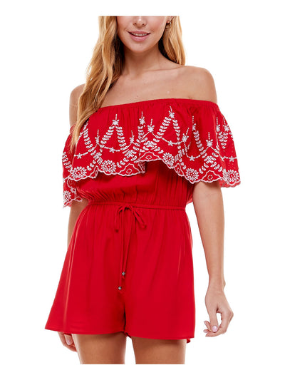 KINGSTON GREY Womens Red Stretch Eyelet Tie Off Shoulder Romper M