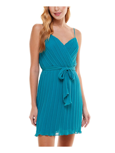 CITY STUDIO Womens Turquoise Pleated Belted Zippered Sheer Lined Sleeveless Surplice Neckline Short Evening Fit + Flare Dress XS