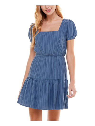 CITY STUDIO Womens Blue Stretch Pleated Gathered Open-back Tie Back Pouf Sleeve Square Neck Short Party Fit + Flare Dress M