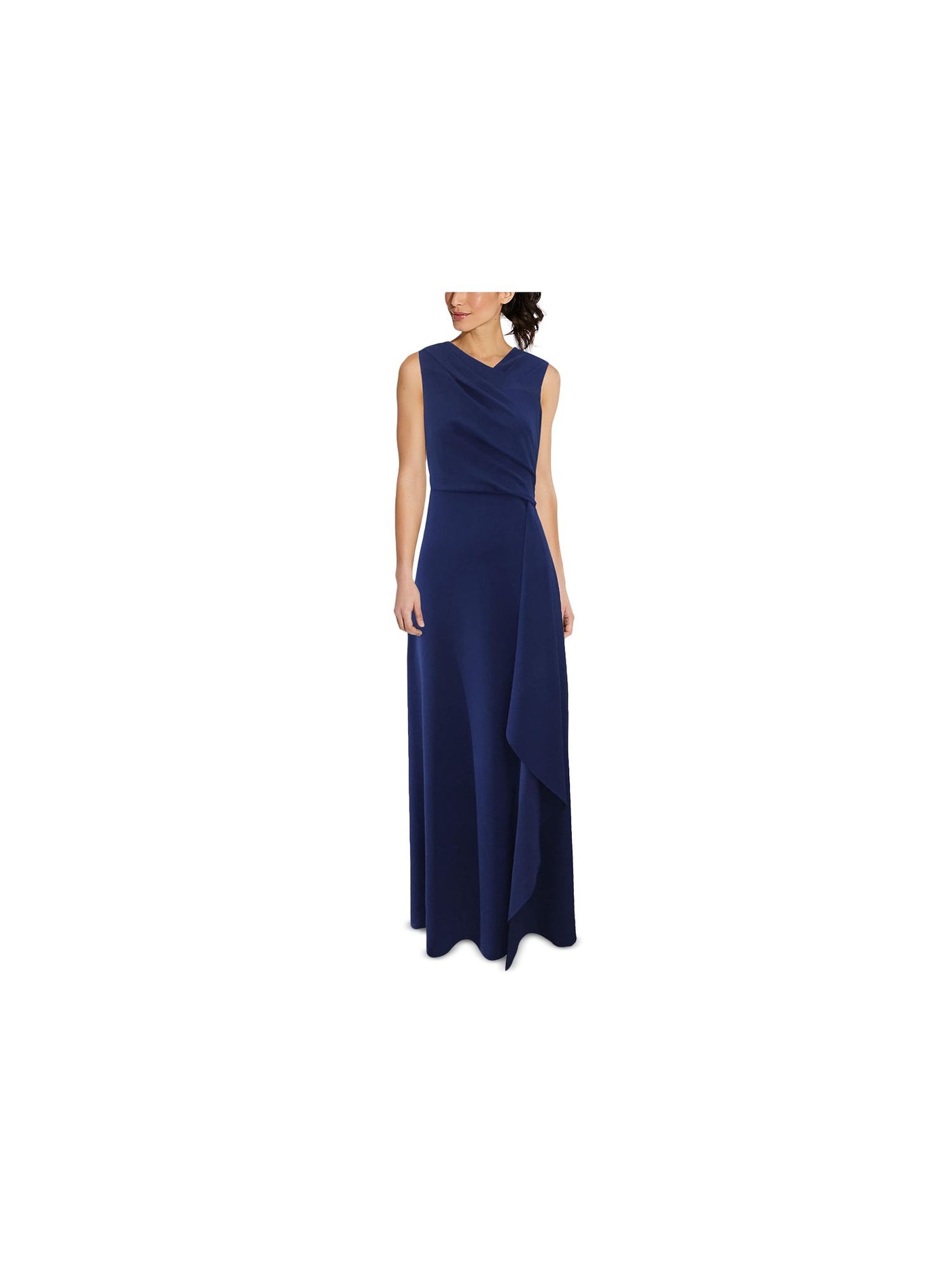 ADRIANNA PAPELL Womens Navy Stretch Zippered Pleated Cascade Ruffle Lined Sleeveless Asymmetrical Neckline Full-Length Formal Gown Dress 4