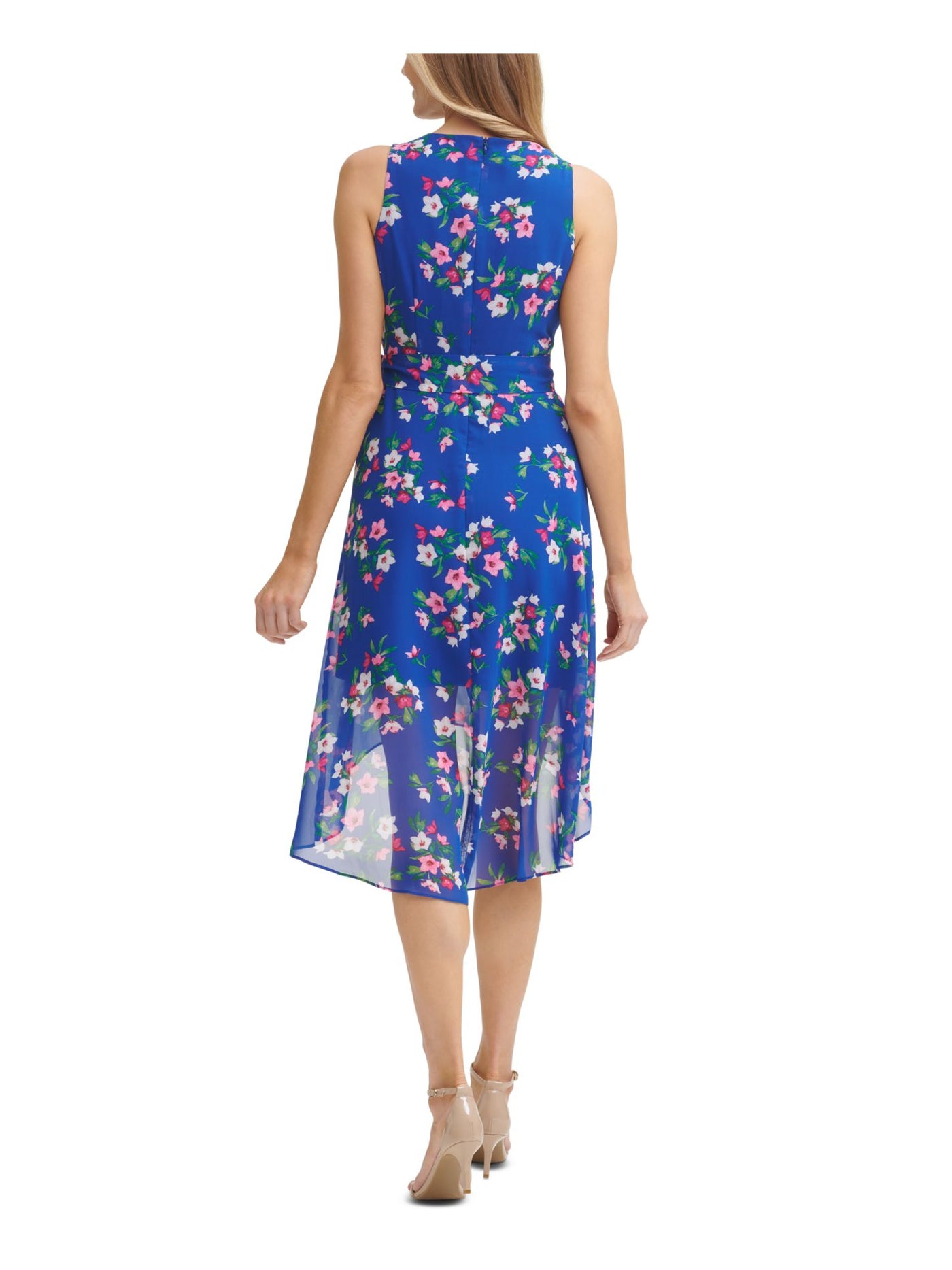 JESSICA HOWARD Womens Sheer Zippered Self-tie Belt Sleeveless Surplice Neckline Below The Knee Hi-Lo Dress