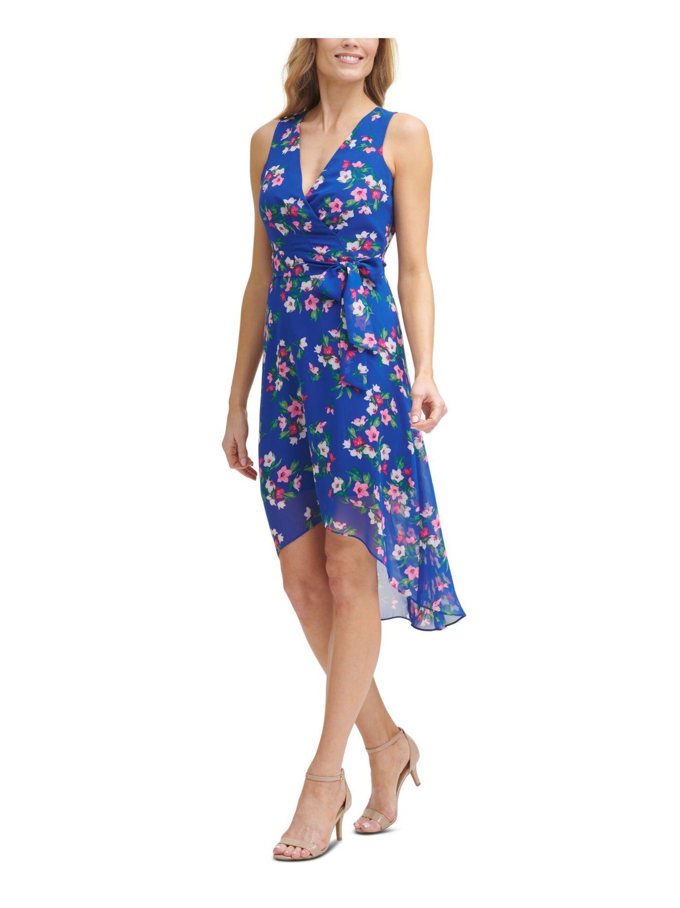 JESSICA HOWARD Womens Sheer Zippered Self-tie Belt Sleeveless Surplice Neckline Below The Knee Hi-Lo Dress