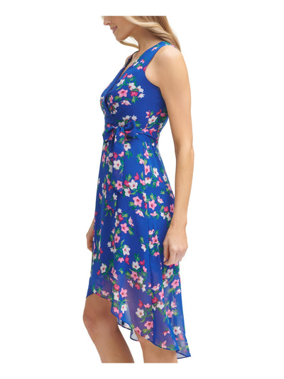 JESSICA HOWARD Womens Blue Sheer Zippered Self-tie Belt Floral Sleeveless Surplice Neckline Below The Knee Hi-Lo Dress Petites 14P