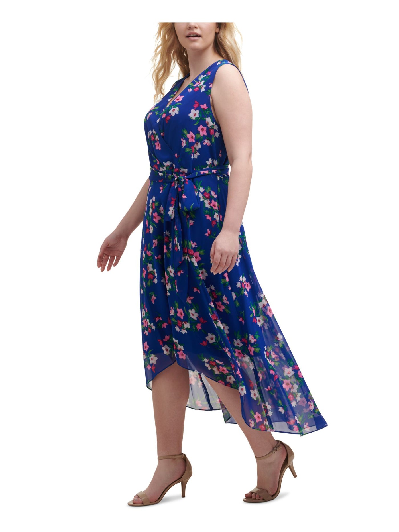 JESSICA HOWARD Womens Blue Zippered Sheer Self-tie Belt Hi-lo Hem Floral Sleeveless Surplice Neckline Midi Fit + Flare Dress Plus 22W