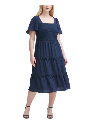 JESSICA HOWARD Womens Navy Smocked Zippered Tiered Flutter Sleeve Square Neck Midi Fit + Flare Dress Plus 24W