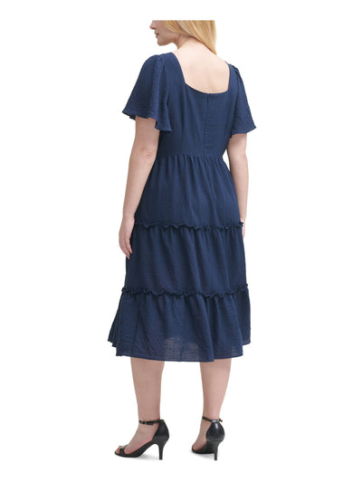 JESSICA HOWARD Womens Navy Smocked Zippered Tiered Flutter Sleeve Square Neck Midi Fit + Flare Dress Plus 24W