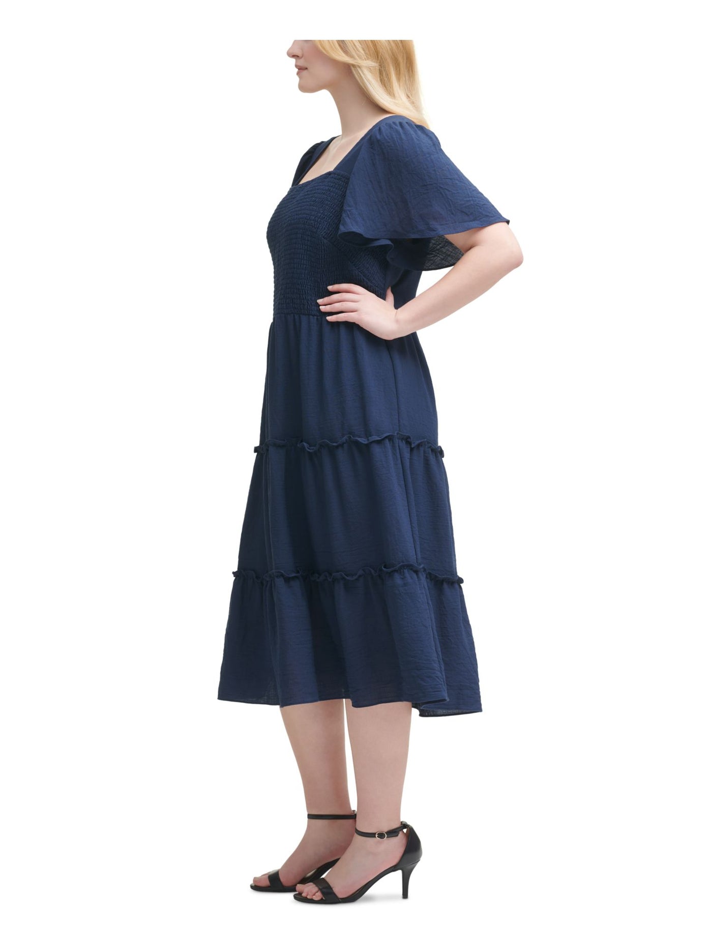 JESSICA HOWARD Womens Navy Smocked Zippered Tiered Flutter Sleeve Square Neck Midi Fit + Flare Dress Plus 24W